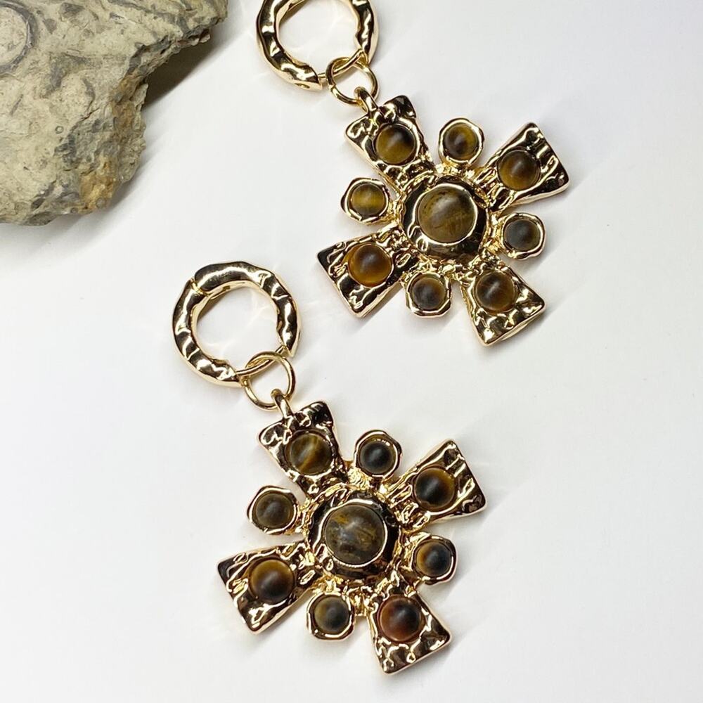 NEW Tigers Eye Gold Statement Hoop Earrings